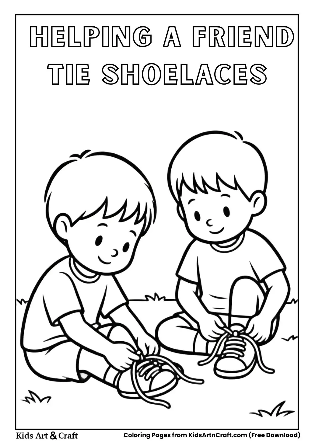 Kids colouring page showing one child helping another tie shoelaces in simple black and white line art