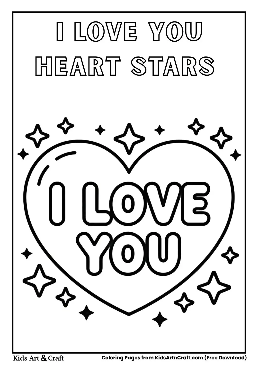 Heart with I Love You text and stars coloring page