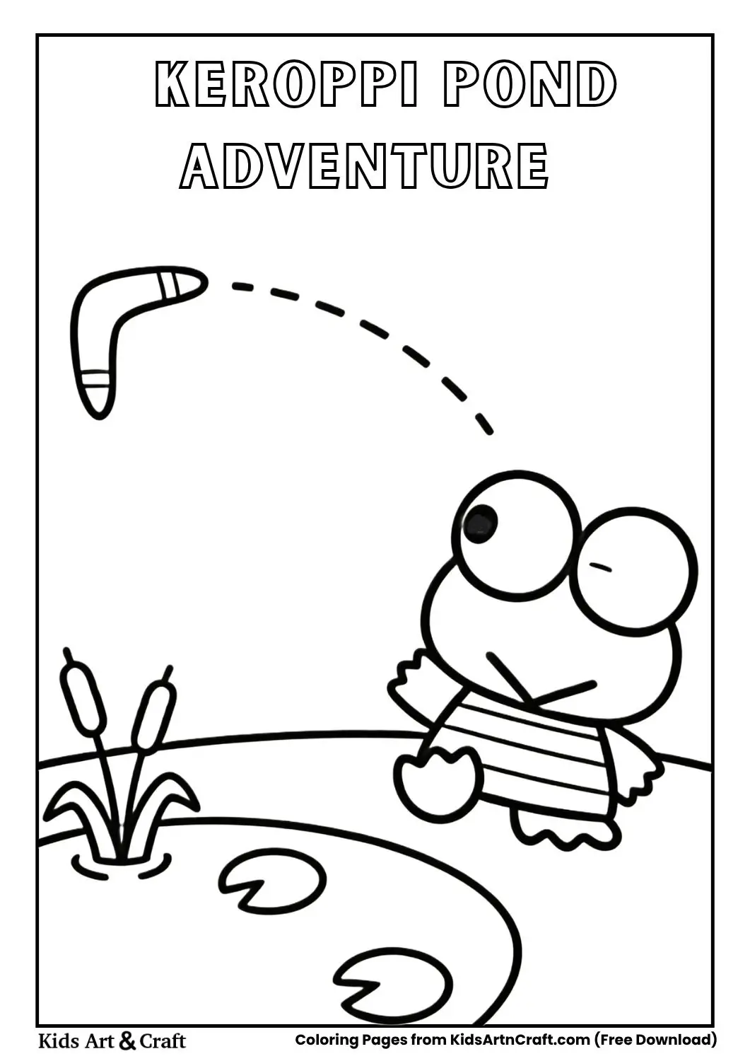 Keroppi in a pond with lily pads and a boomerang flying toward him