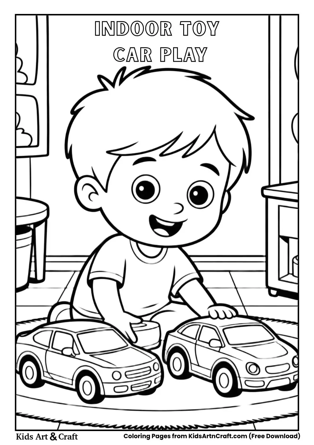 Child playing with toy cars on a rug indoors coloring page
