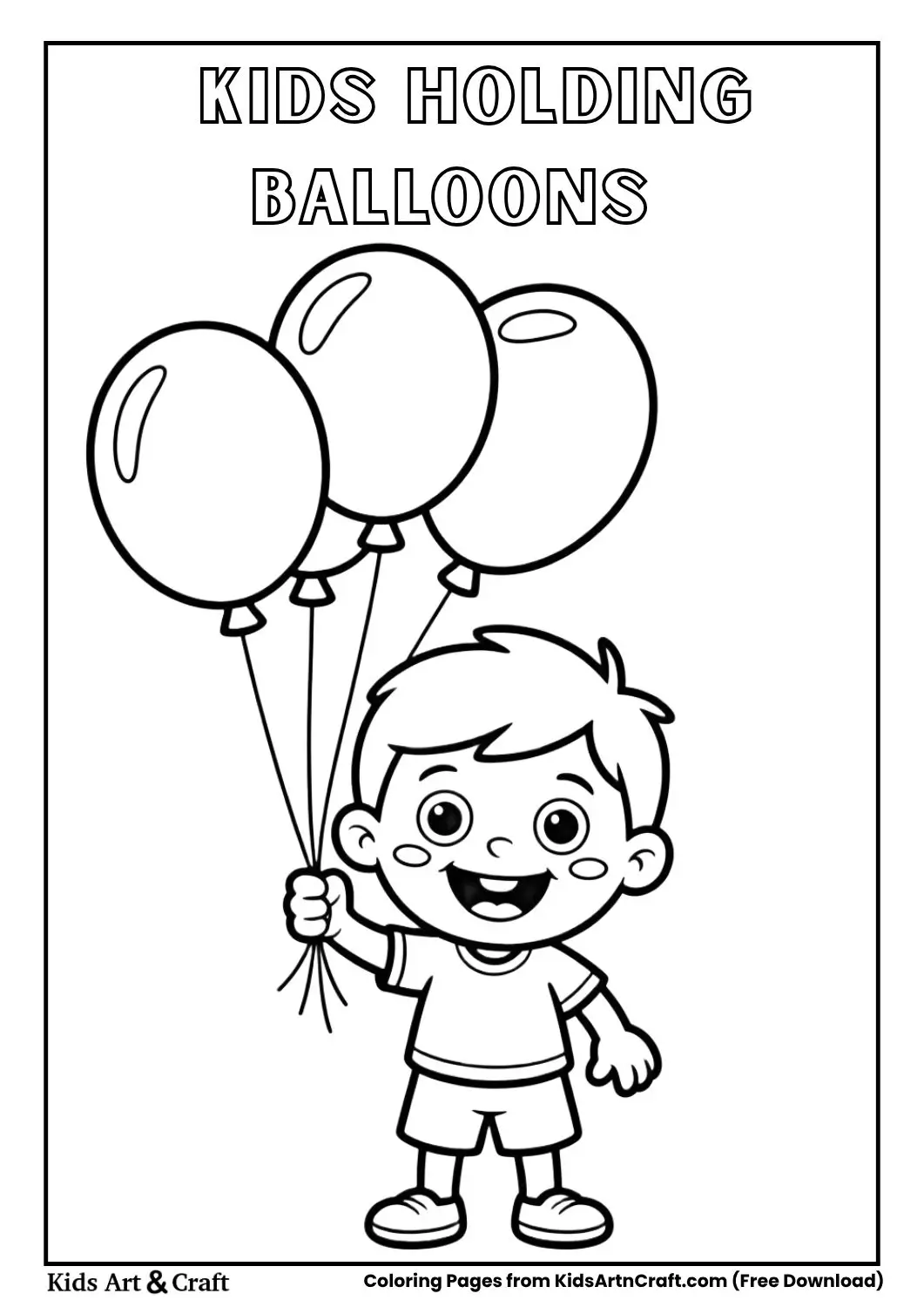 Two kids holding balloons, black and white line art, kid-friendly coloring page