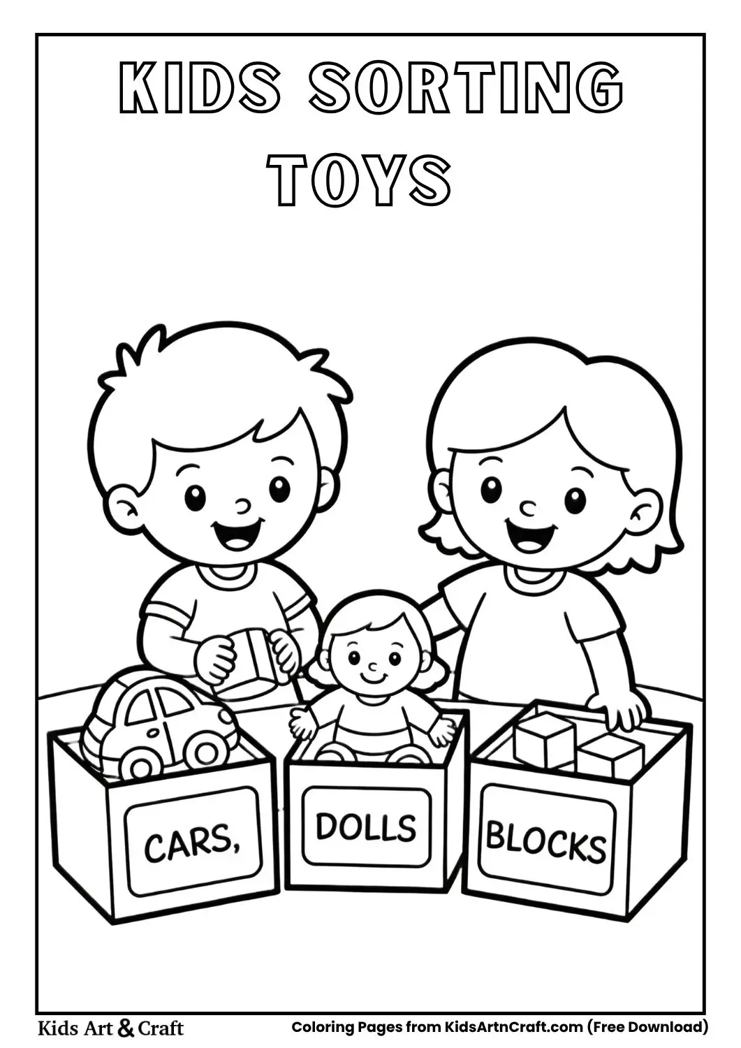 Children sorting toys into labeled bins, black and white coloring page