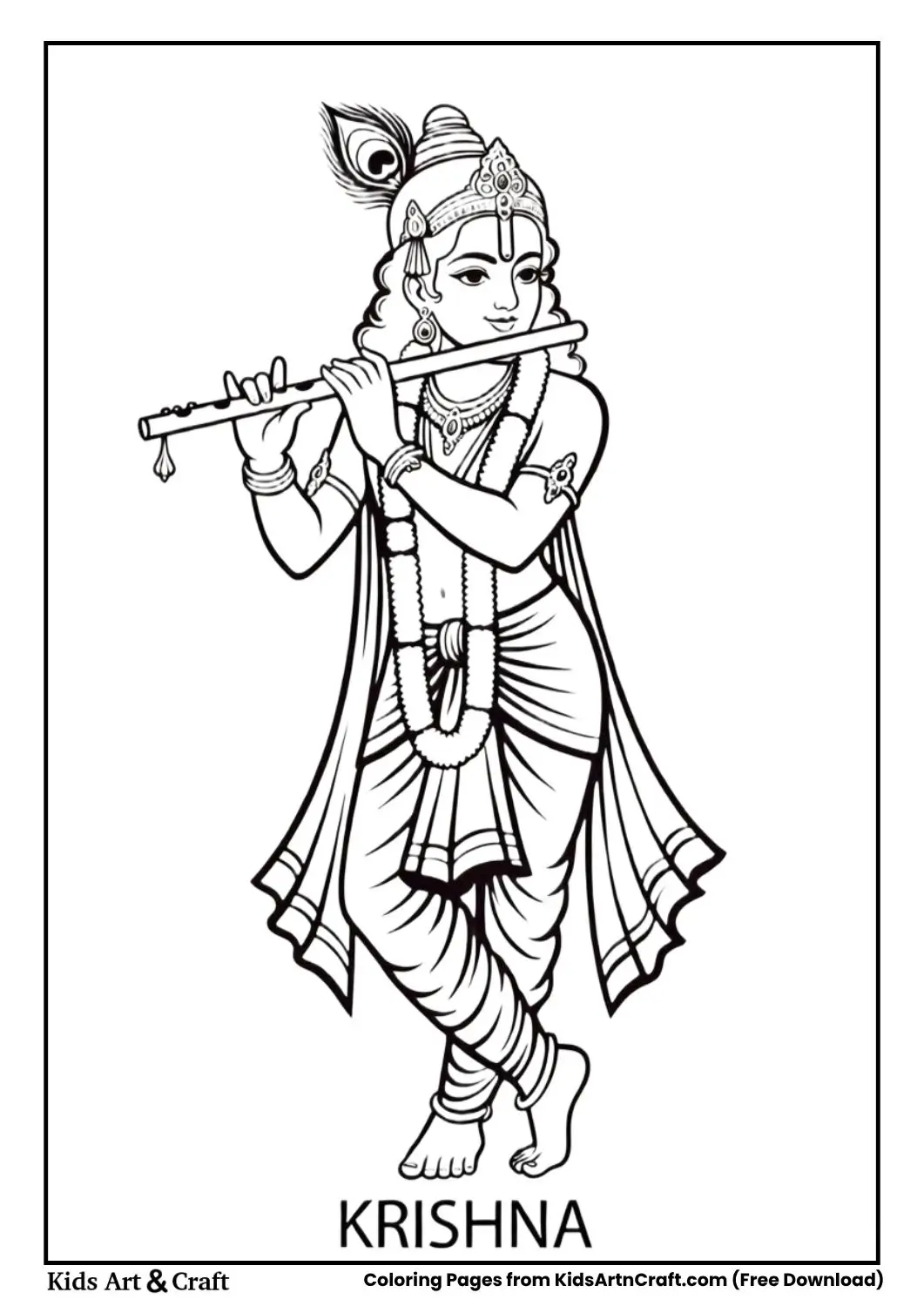 Lord Krishna playing flute simple outline coloring page