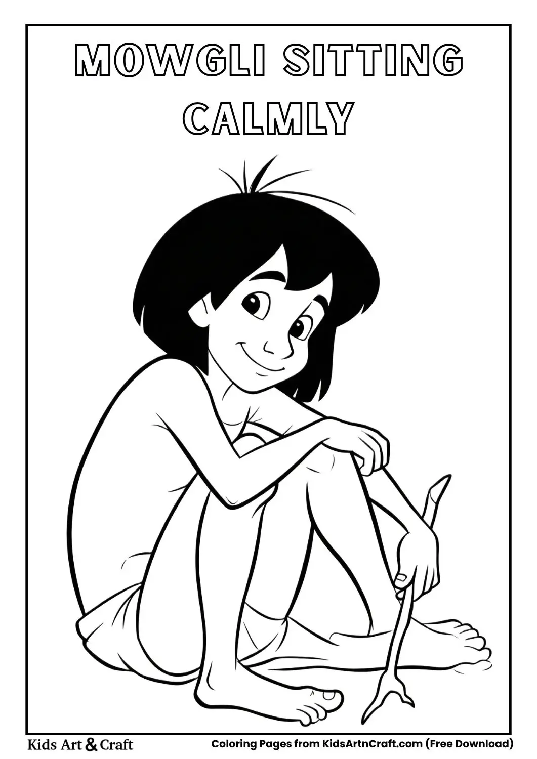 Black and white illustration of Mowgli sitting cross-legged holding a stick