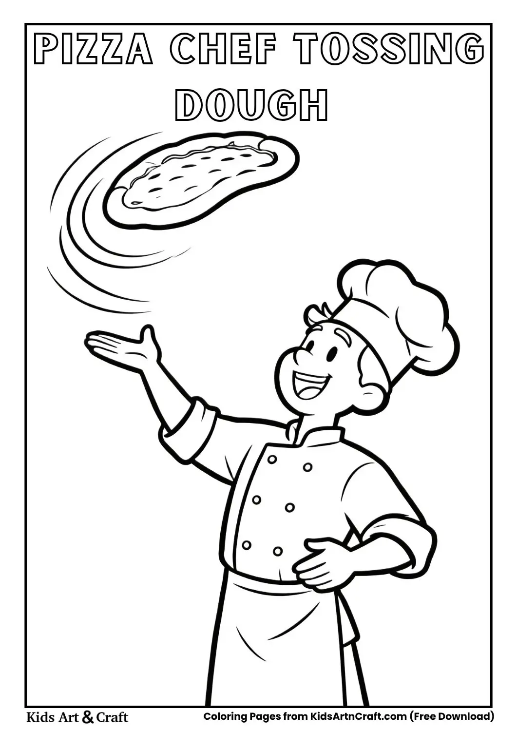 Black-and-white coloring page of a cheerful pizza chef tossing dough in a pizza shop.