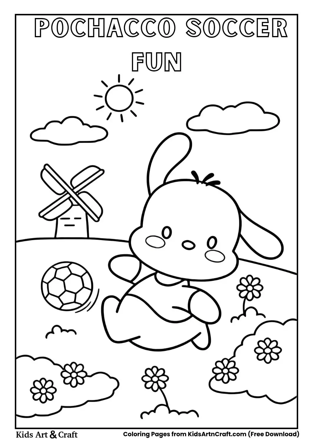 Pochacco dog kicking a soccer ball in a cheerful field with windmill and flowers