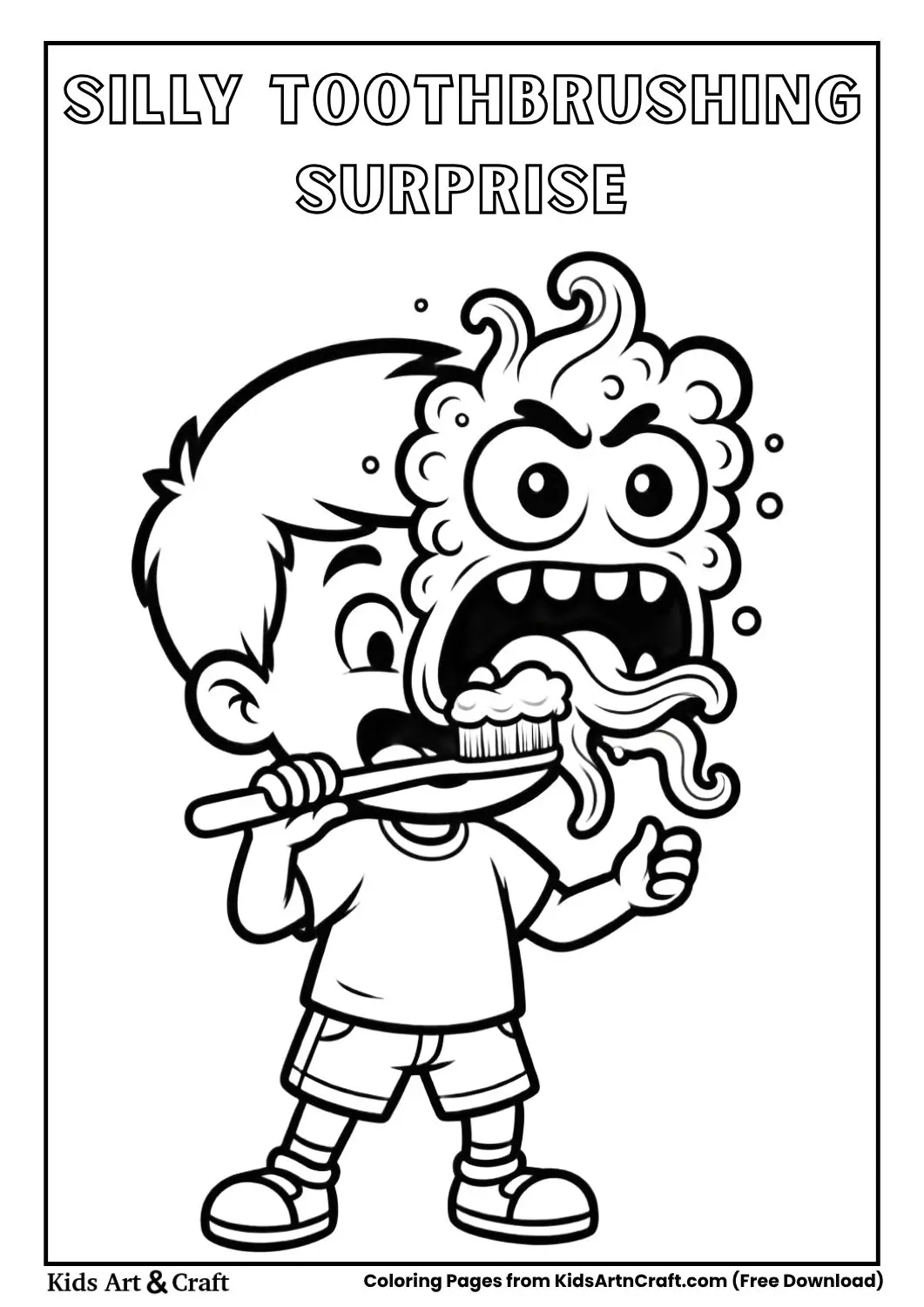 Kid brushing teeth with toothpaste turning into a rainbow monster coloring page