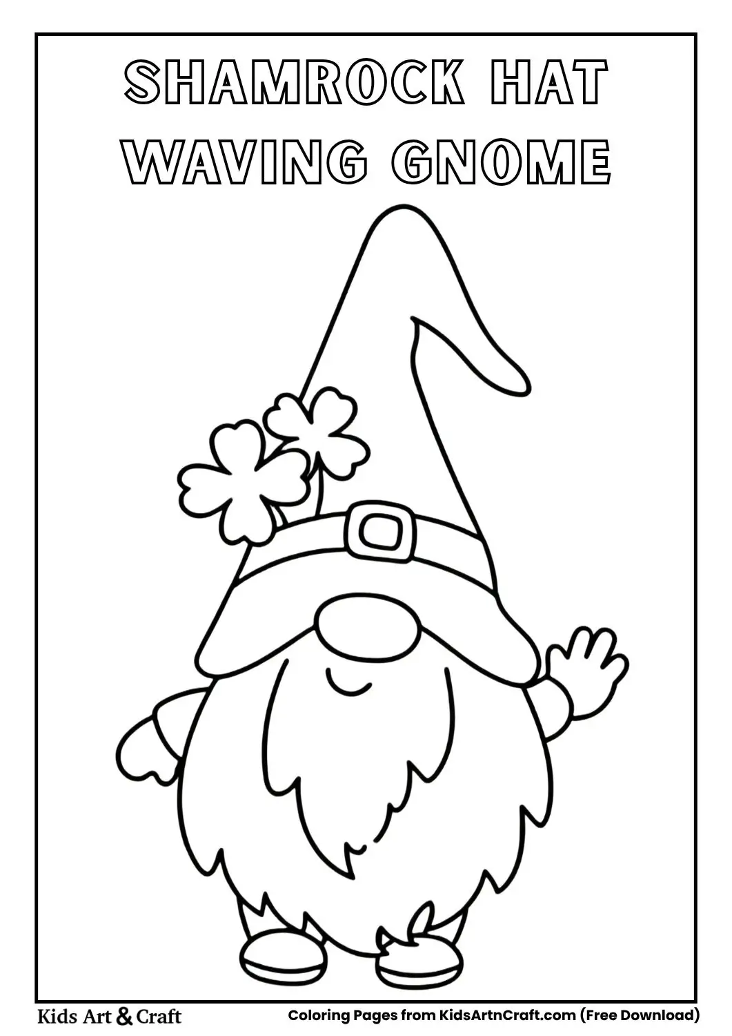 Gnome with shamrock-decorated hat waving with outstretched arms
