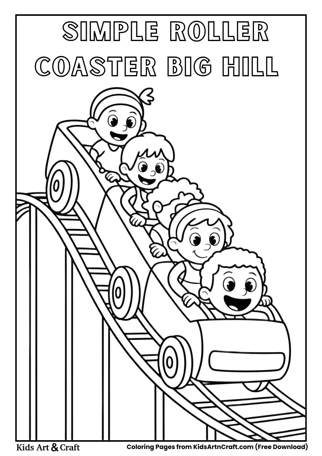 Simple roller coaster with one big hill and kids smiling, black and white coloring page