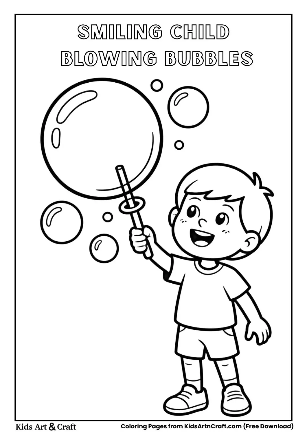 Smiling child blowing bubbles with a wand and large round bubbles