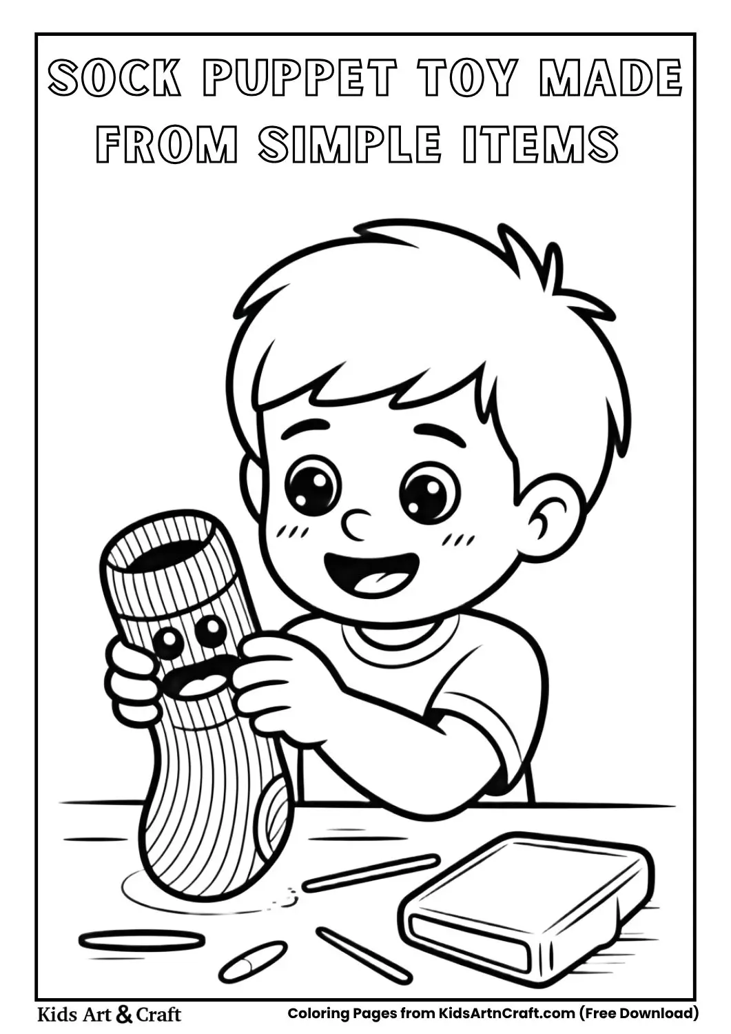 child making a sock puppet toy simple line art coloring page