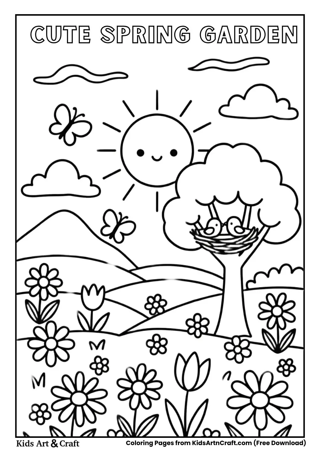 Kids spring garden coloring page with flowers butterflies and sun