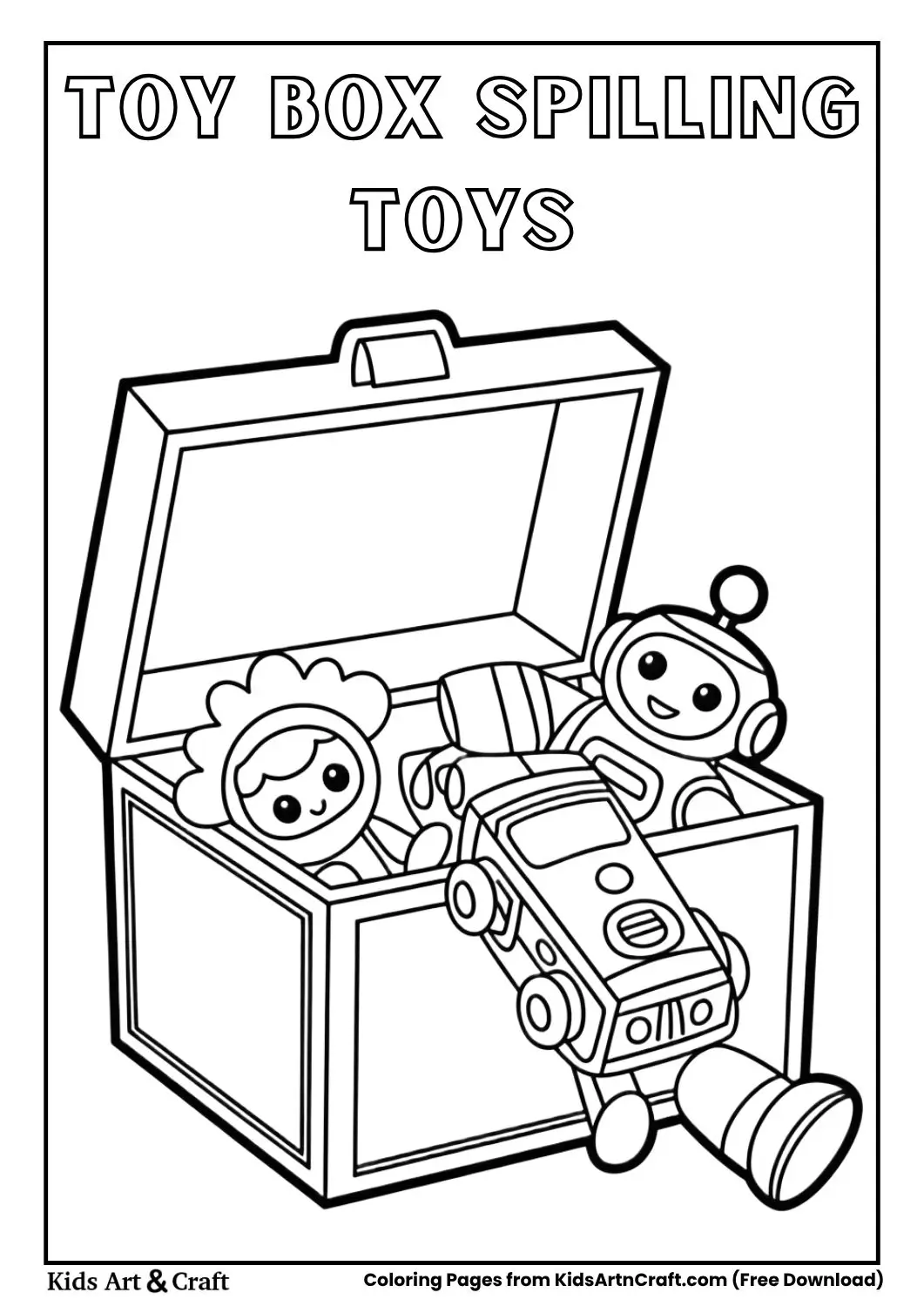 Toy box tipping over with toys spilling onto the floor coloring page