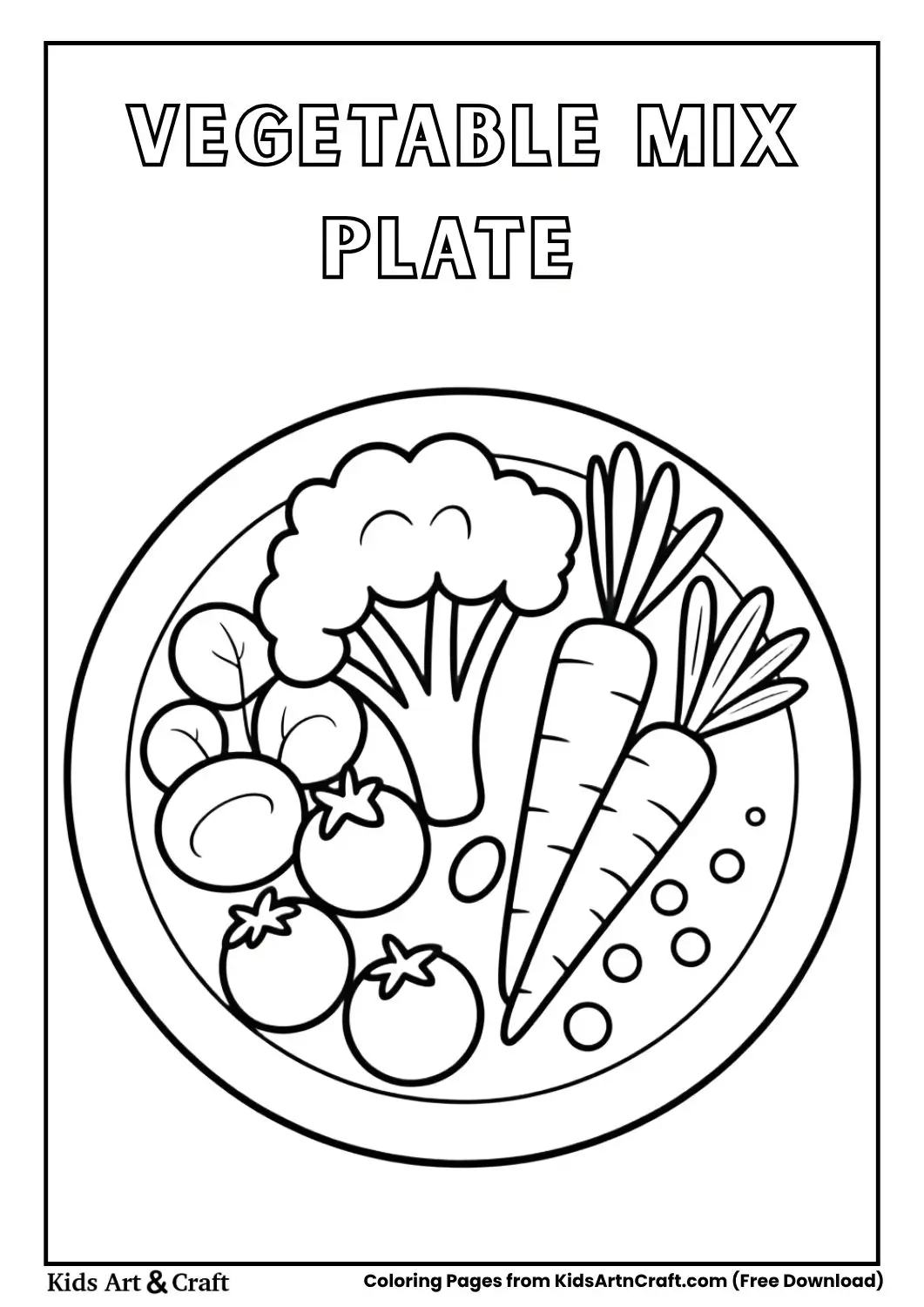 Black and white coloring page of a plate with broccoli, carrots, and cherry tomatoes