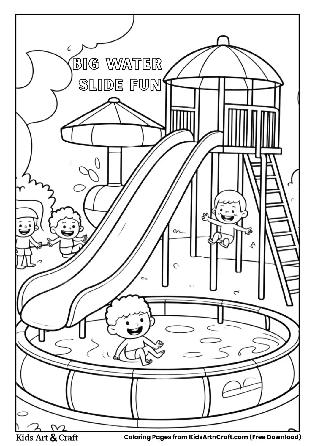Kids sliding into a pool at a simple waterpark scene