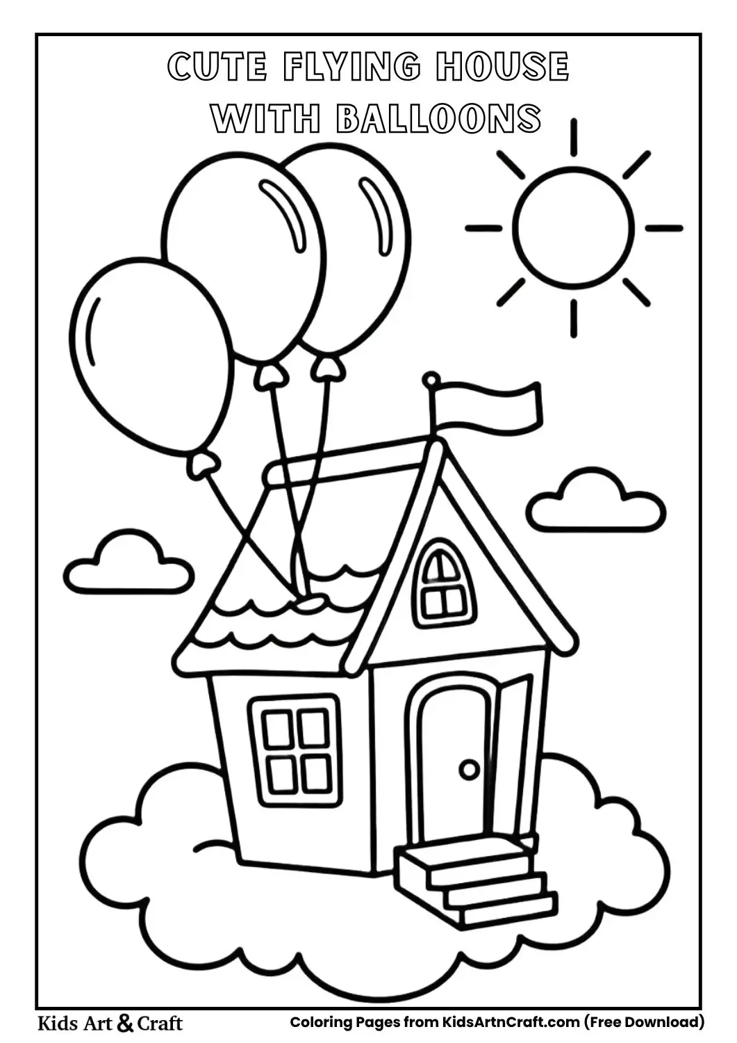 Flying house with balloons and smiling sun whimsical coloring page