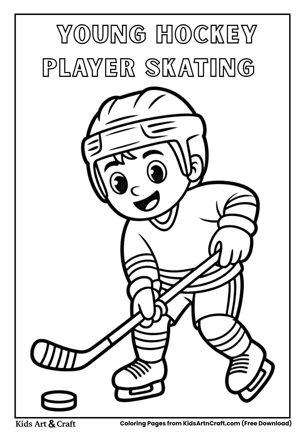simple young hockey player skating with stick and puck coloring page