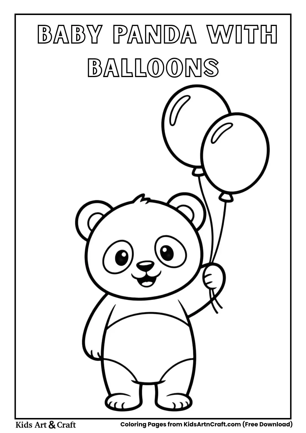 Baby panda surrounded by floating balloons, simple black and white line art