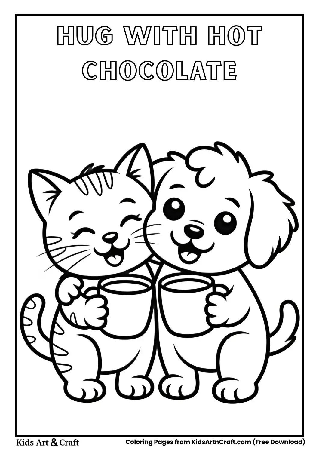 Cat and puppy hugging while holding cocoa mugs