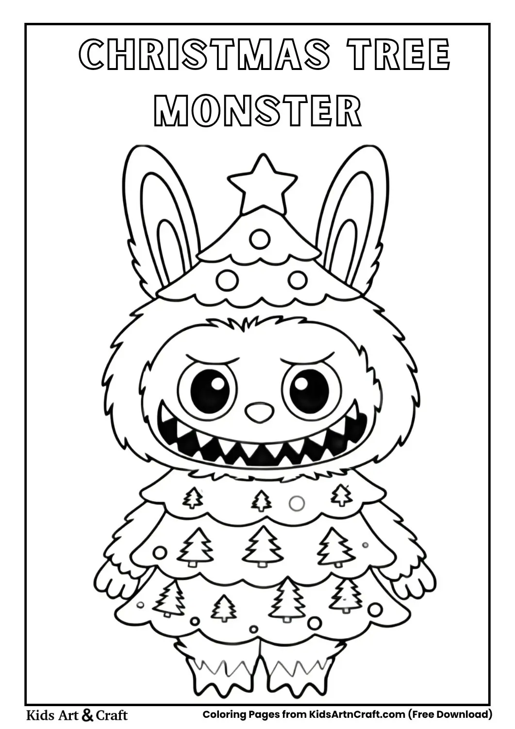 Cartoon monster dressed as Christmas tree with patterned outfit