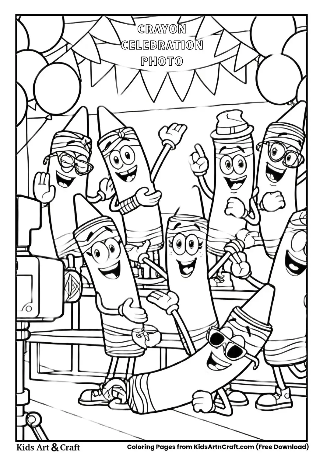Group of crayons posing in front of camera with decorations