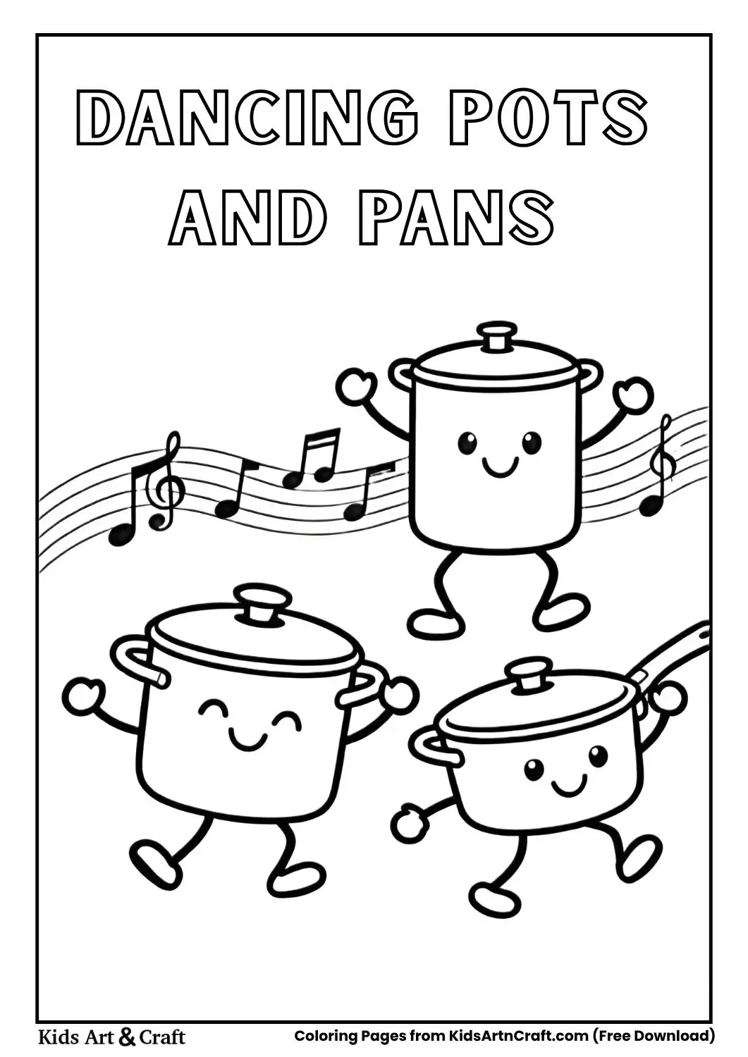 Cooking pots and pans dancing cartoon coloring page