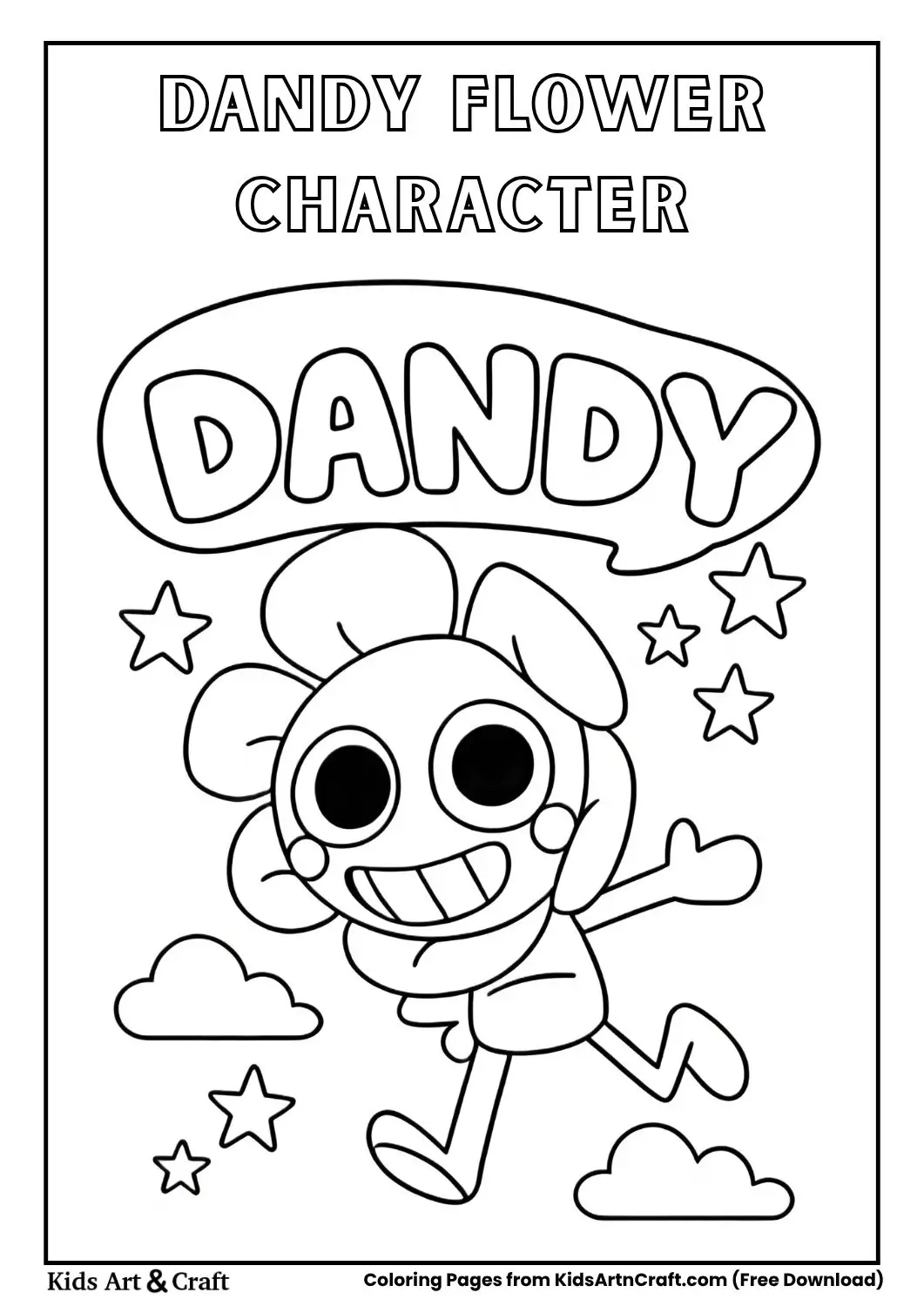 dandy flower character running with stars and clouds