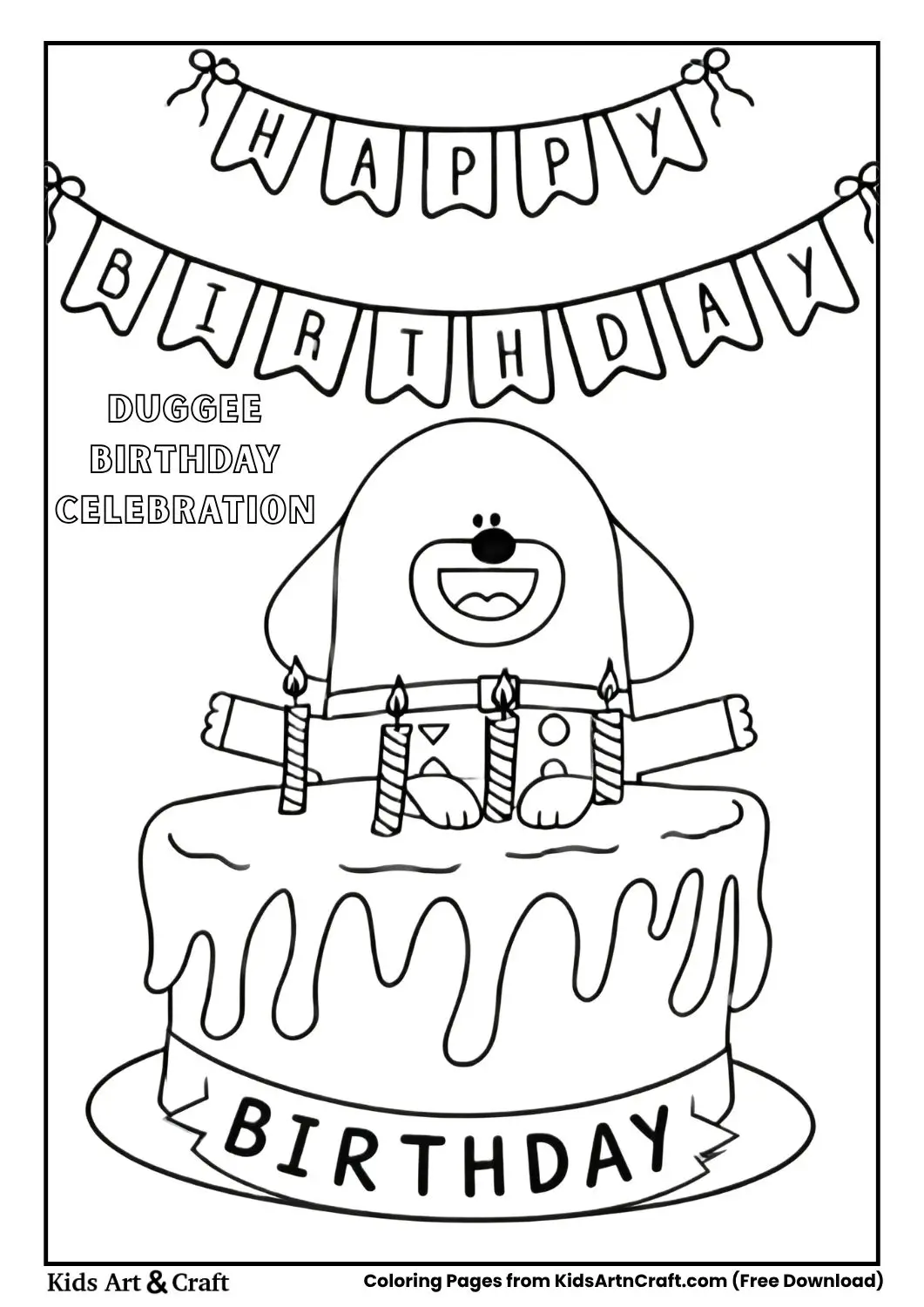 Birthday cake with Duggee on top and “HAPPY BIRTHDAY” banners