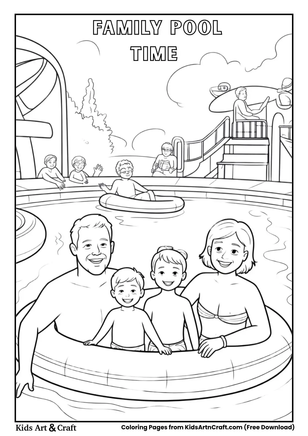 Family enjoying waterpark pool with floaties
