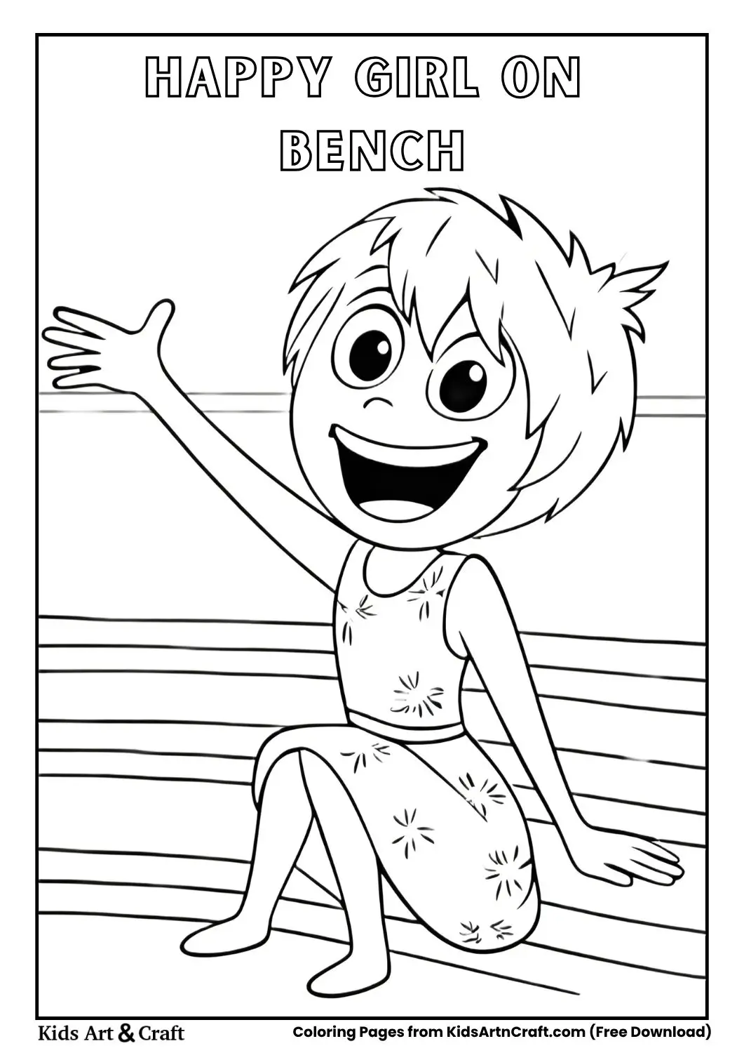 Cartoon girl sitting on bench waving happily