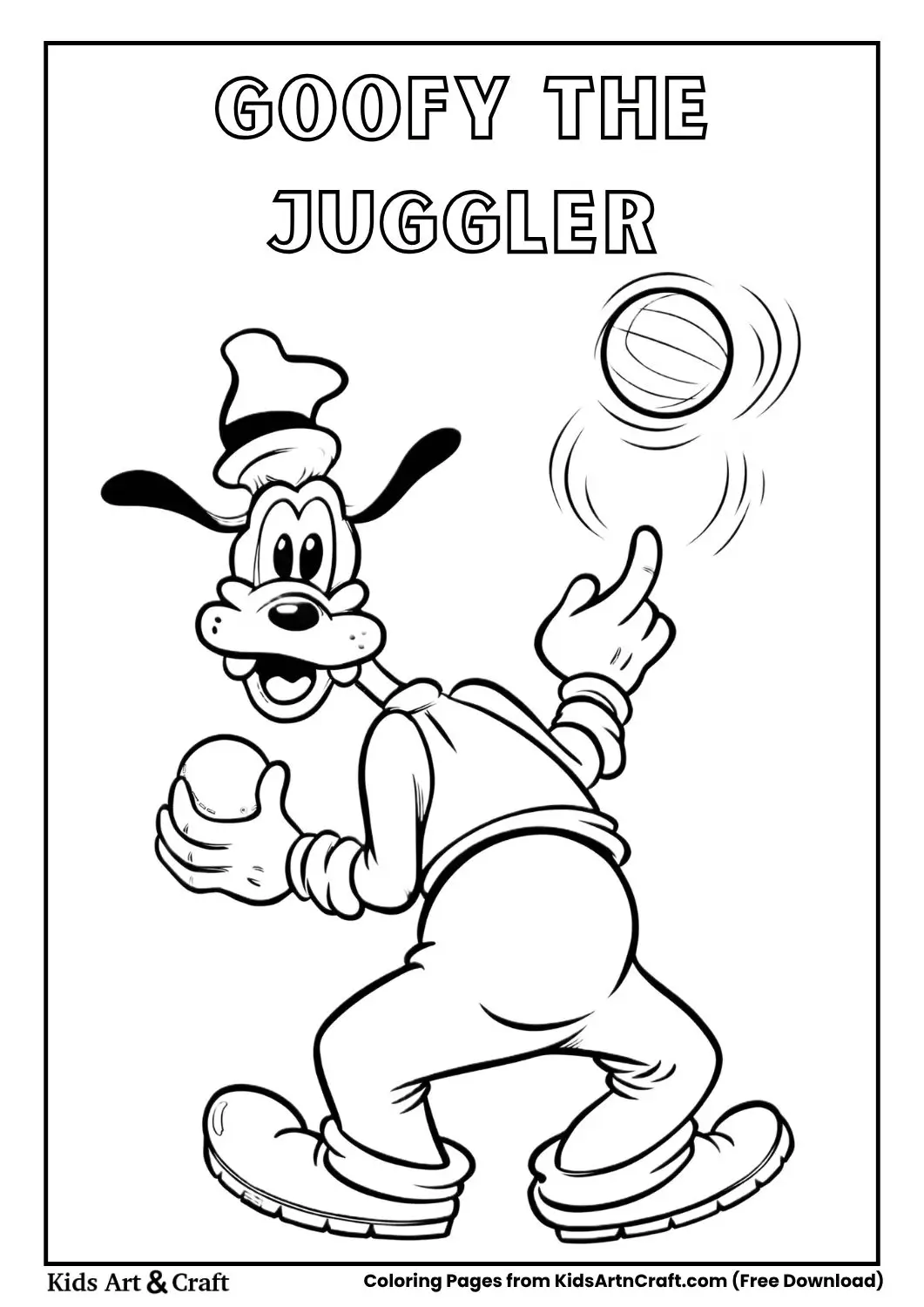 Goofy balancing and juggling balls in a playful pose