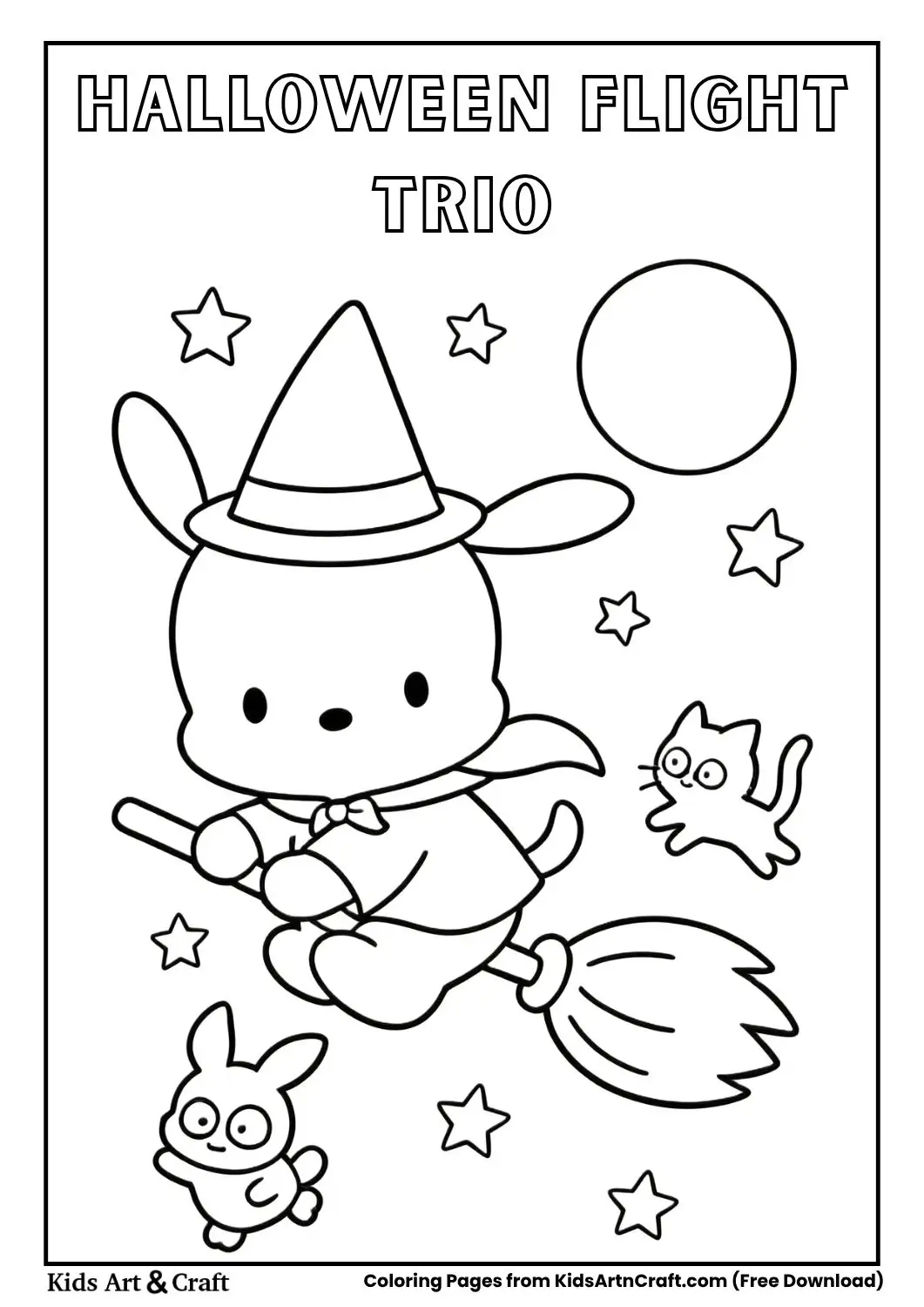 Dog in witch costume flying with cat and rabbit under moon
