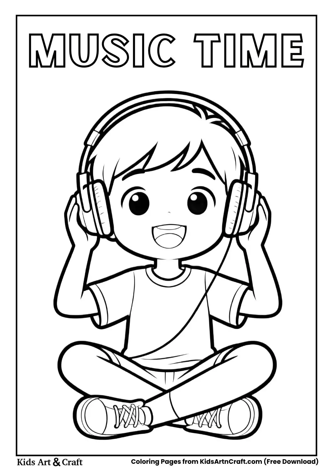 Kid listening to music with headphones coloring page
