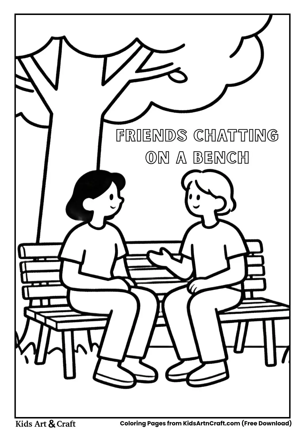 kids sitting on bench talking coloring page