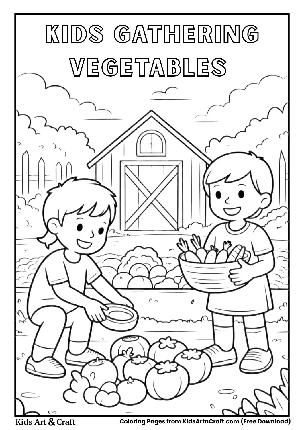 Kids collecting vegetables from a farm garden, simple coloring page.