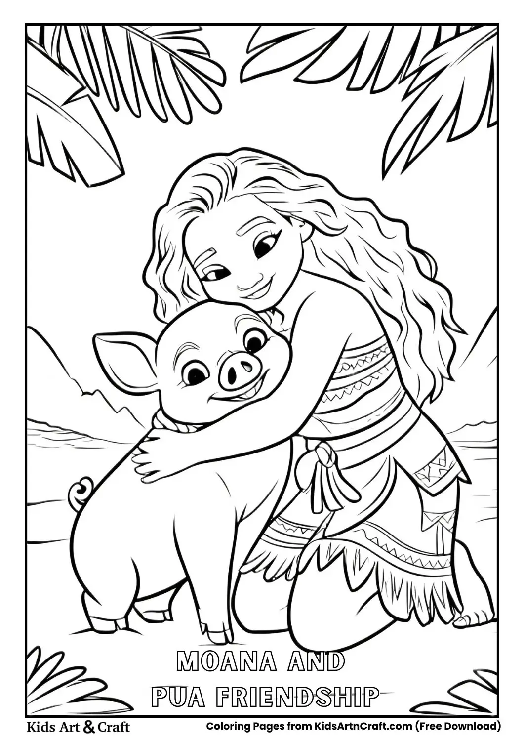 Moana kneeling and hugging Pua with tropical background
