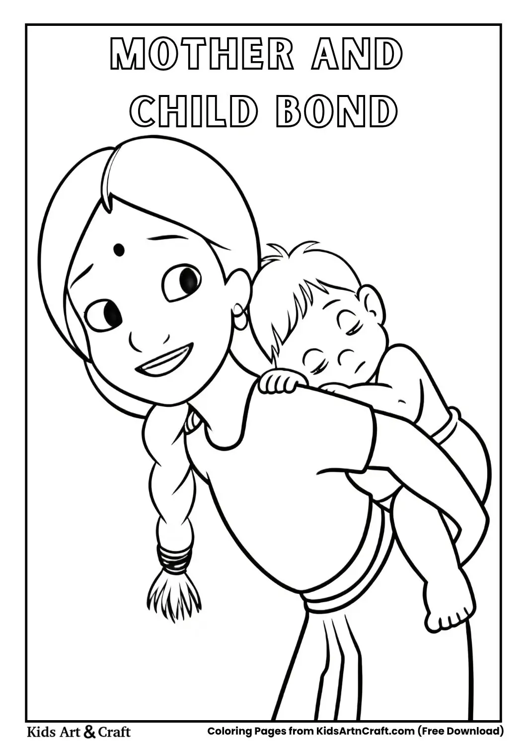 Mother carrying sleeping child on her back