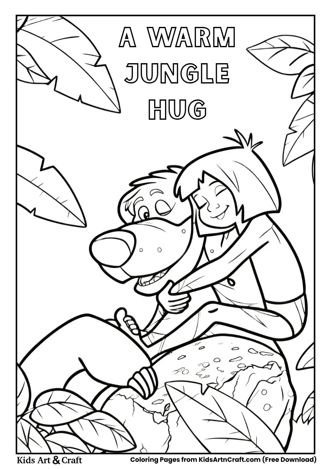 Mowgli hugging Baloo while sitting on a rock with leaves