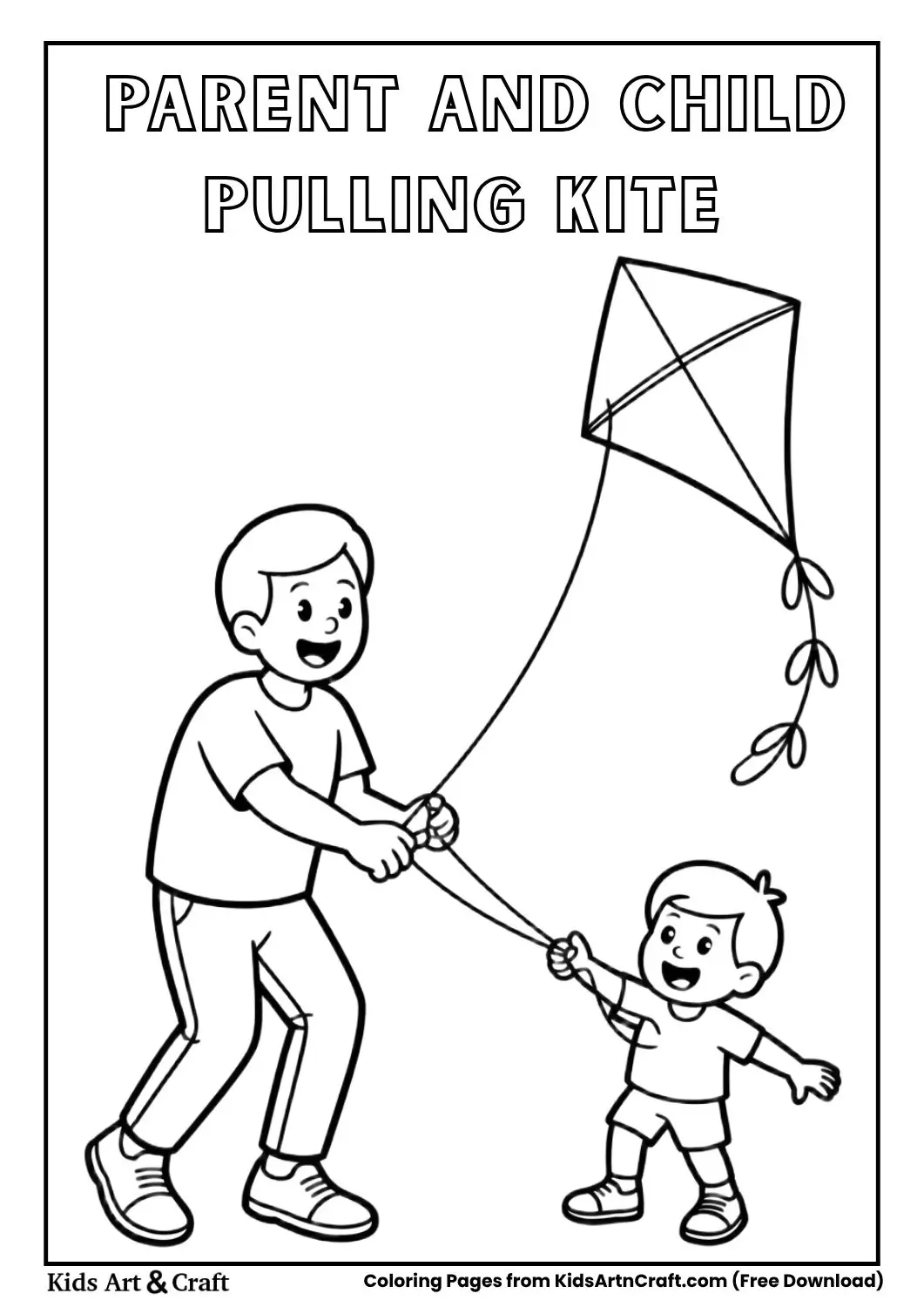 Parent and child pulling a kite together coloring page