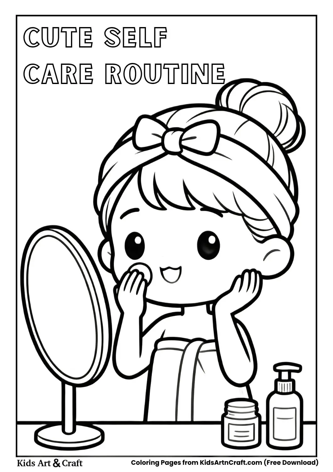 cute character doing skincare routine coloring page