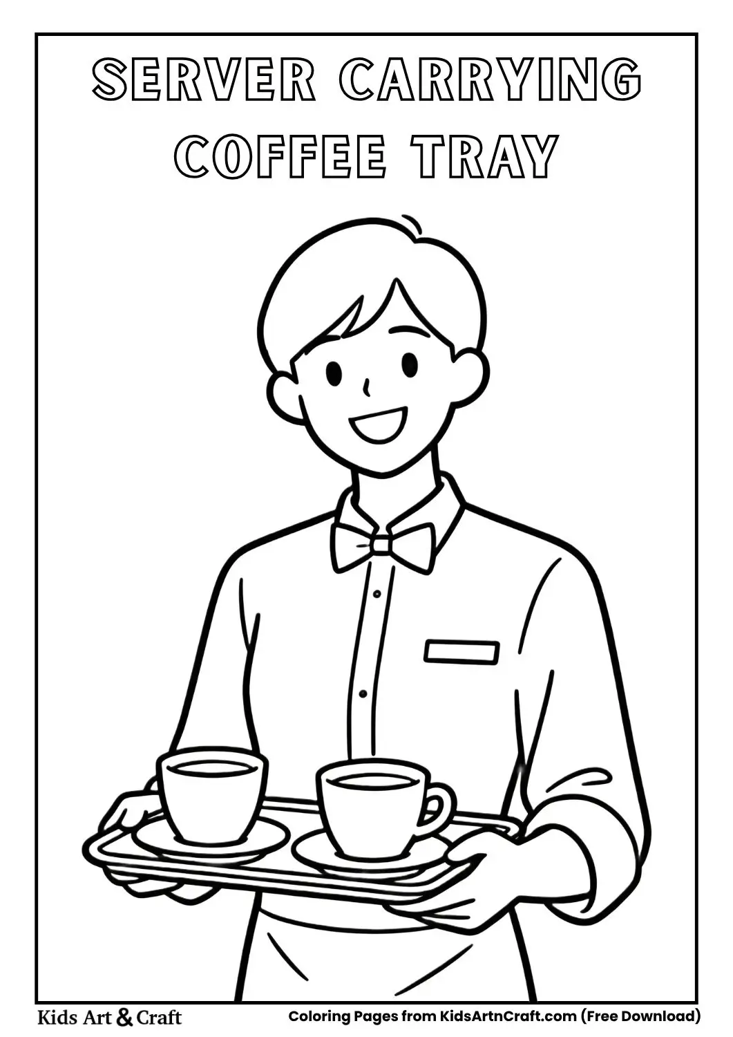 smiling server carrying coffee tray coloring page