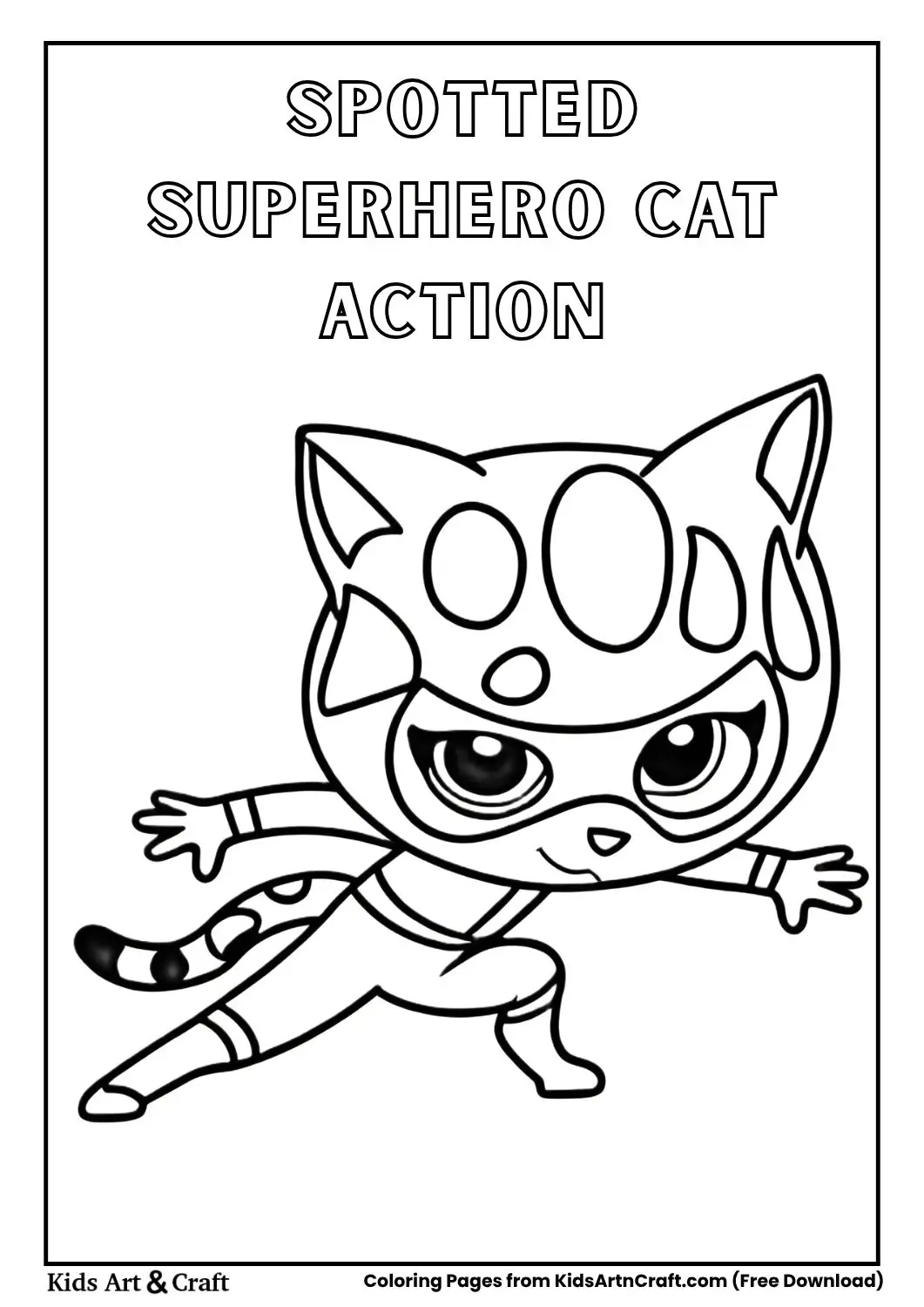 Cartoon superhero cat with spotted pattern in dynamic action pose coloring page