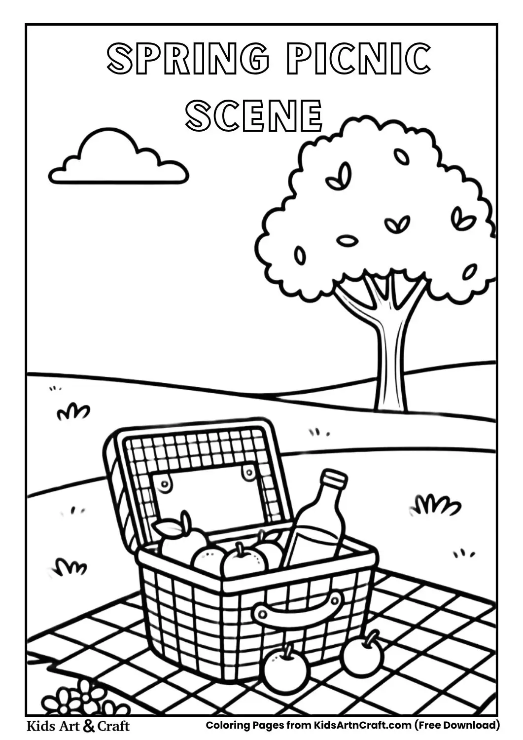 Spring picnic basket fruits coloring page