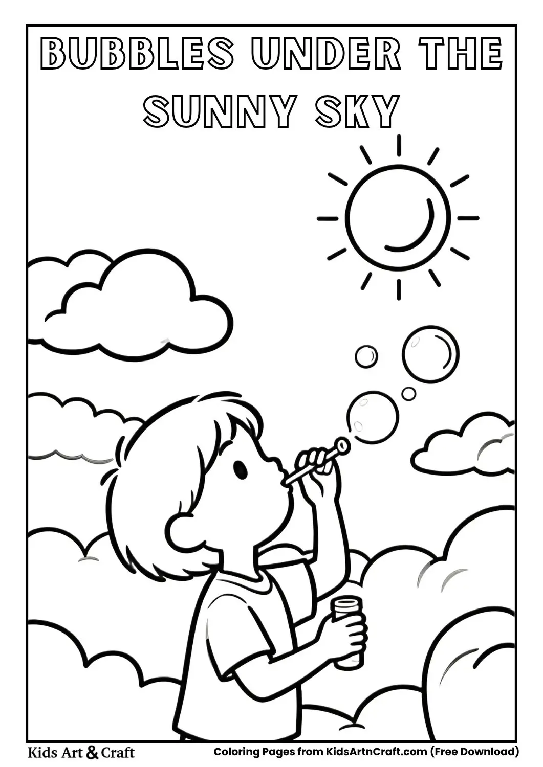 Child blowing bubbles under a sunny sky with clouds
