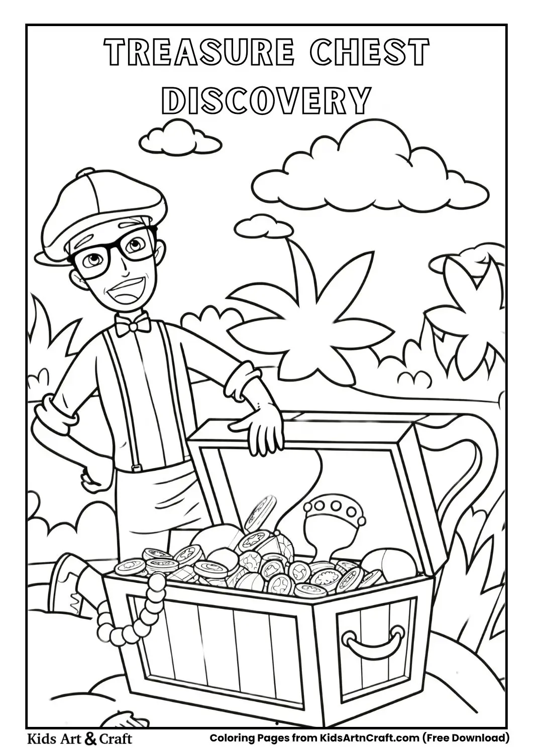 Cartoon man with treasure chest full of gold and jewels