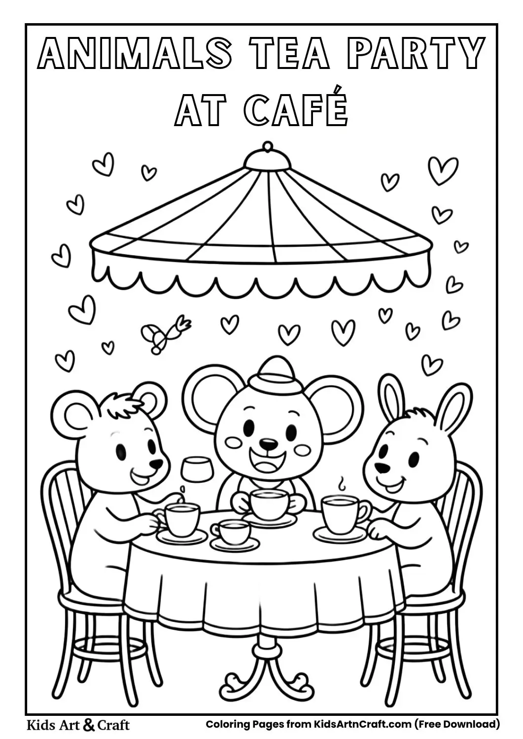 Animals having tea party at café coloring page