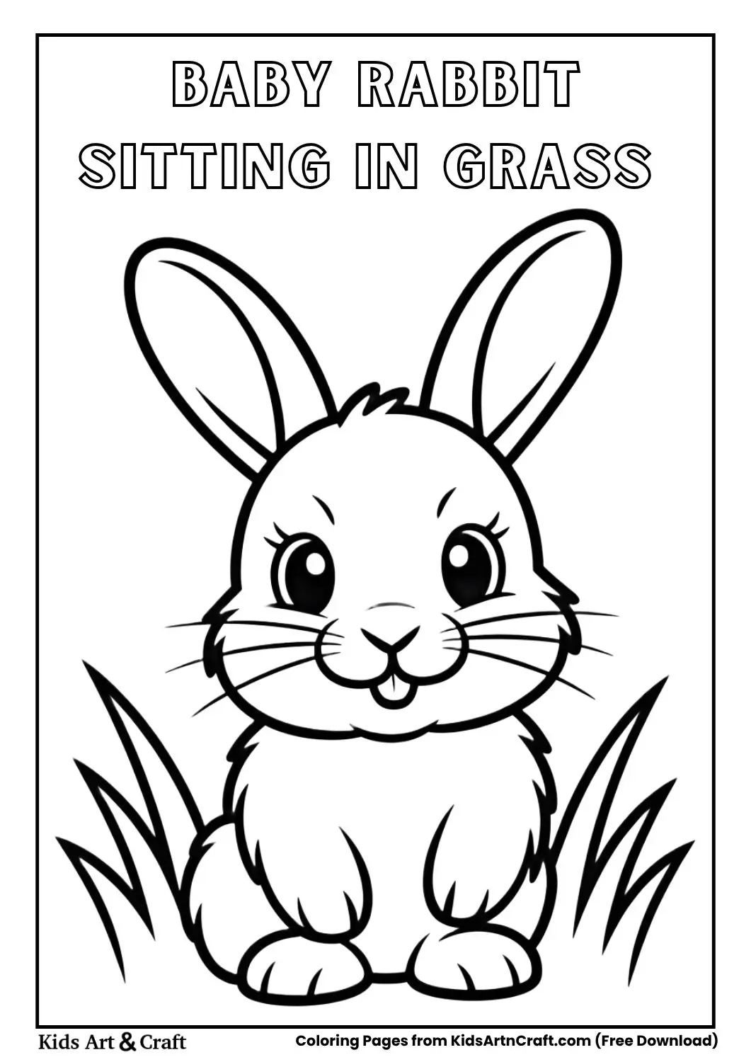 Cute baby rabbit sitting in grass black and white coloring page for kids