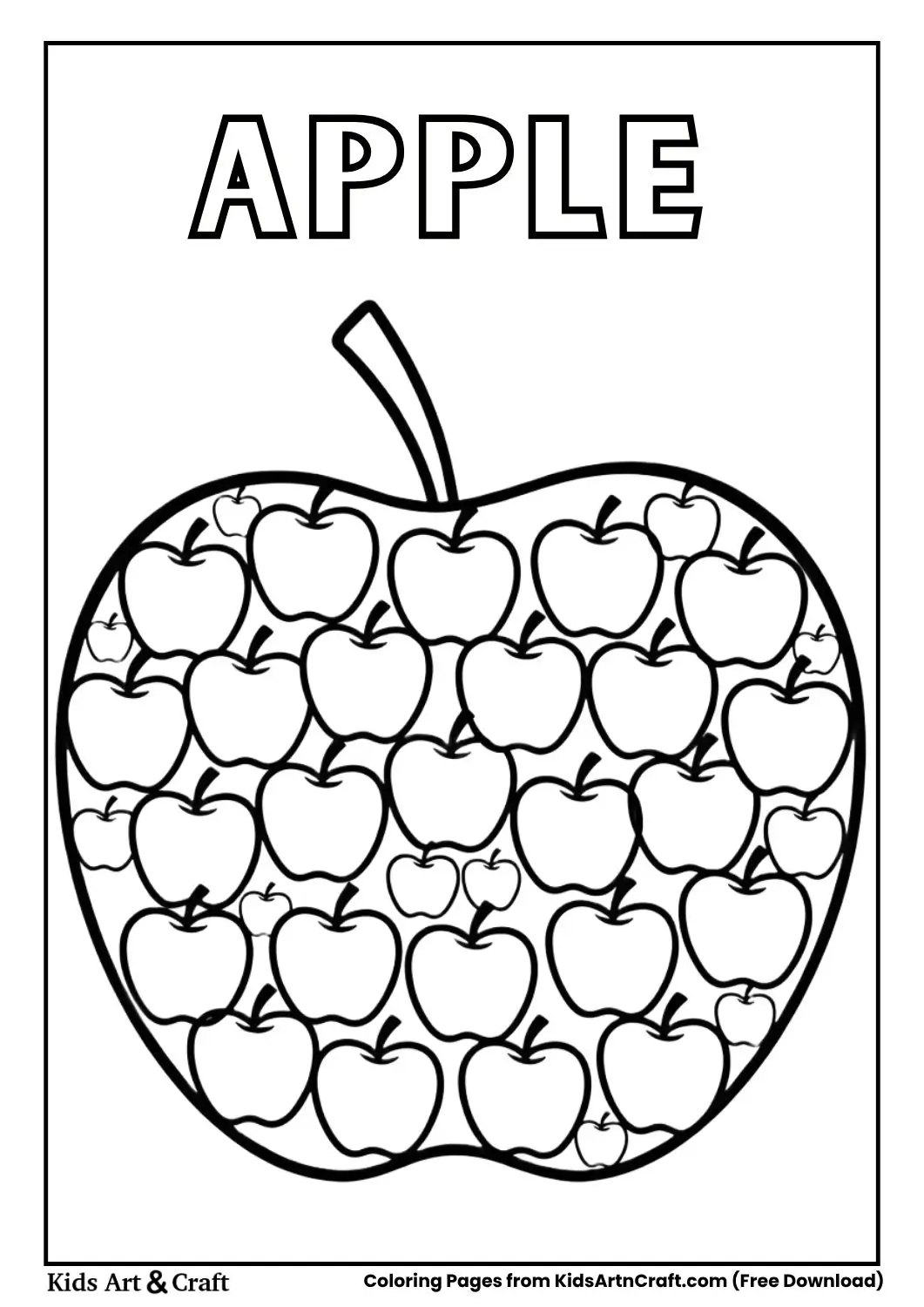 Large apple composed of tiny apples, black and white outline coloring page.
