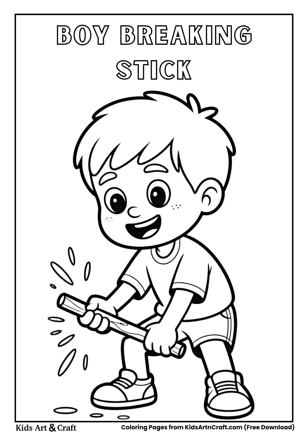 Cartoon boy breaking a stick coloring page
