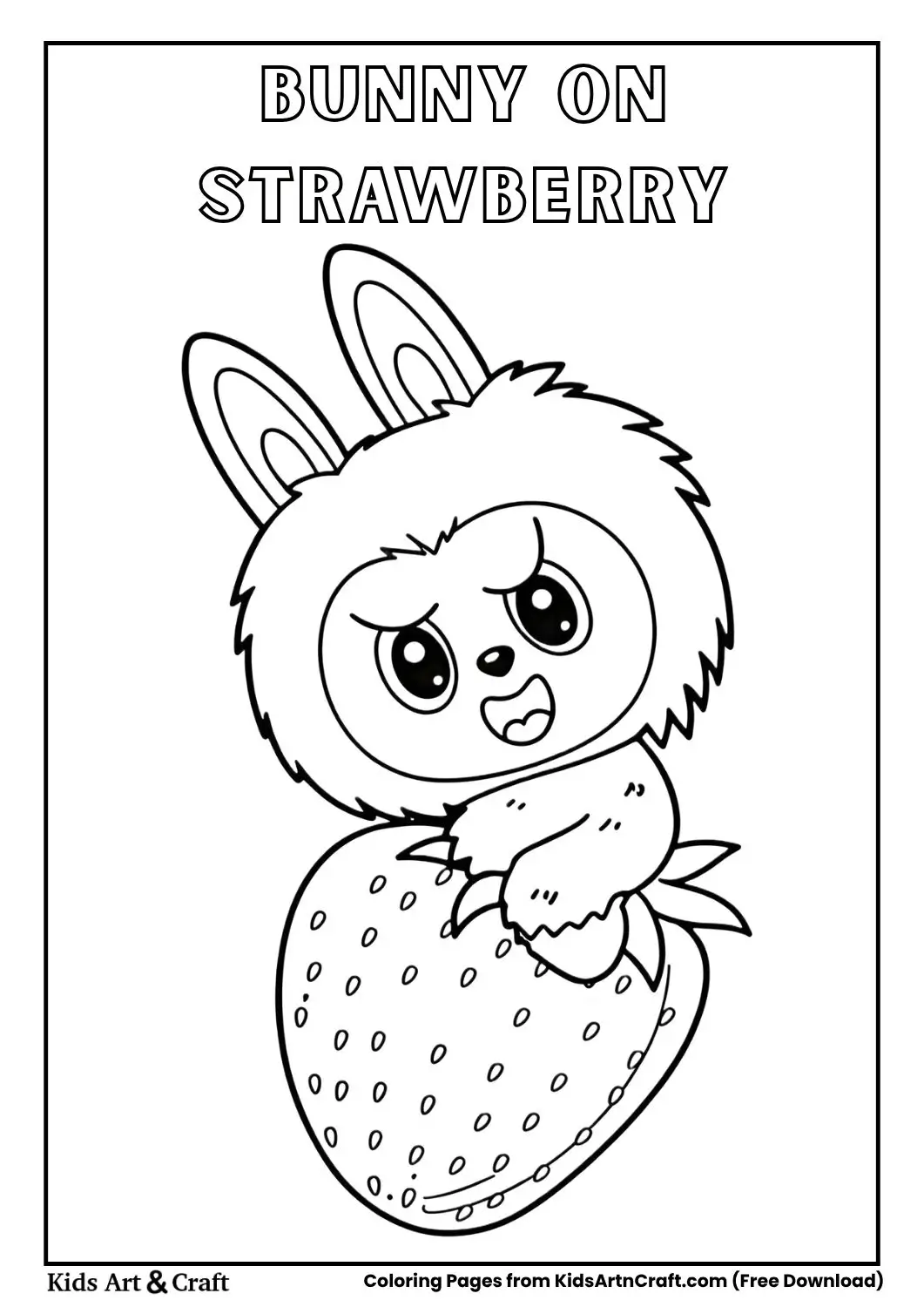 Cute bunny character sitting on large strawberry with tongue out